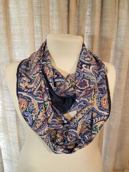 Infinity Scarf Blue Paisley Print with Navy Blue Contrast 