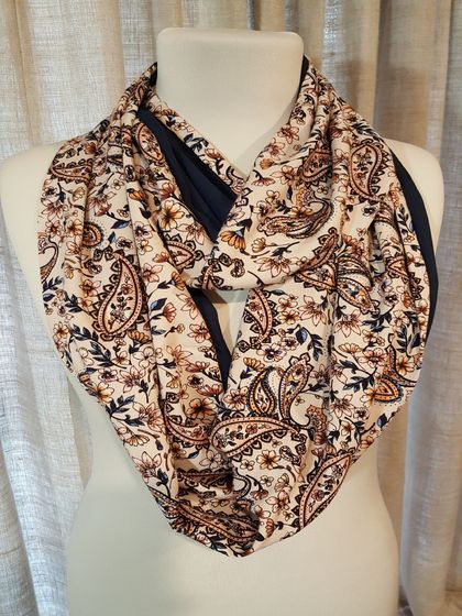 Infinity Scarf Flower Paisley Print with Navy Blue Contrast 