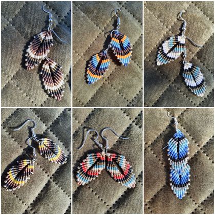 Varigated Feather Earrings - handwoven micro macrame