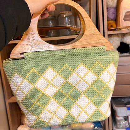 Crochet handmade top handle bag handbag Checked Chartreuse Tote