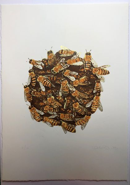 “Abuzz”. Limited Edition Reduction Linocut.