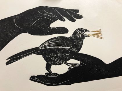 “Hold Tender your Authentic Voice, whilst it learns its Song”.  Original Limited Edition Linocut.