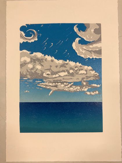 ‘Wispy Whales’.  Original, limited-edition, reduction linoprint