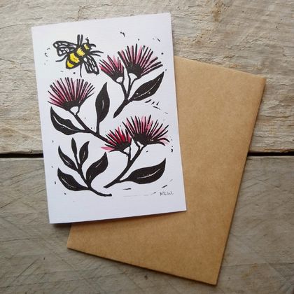 Hand-Printed Greeting Card – Pohutukawa & Honey Bee