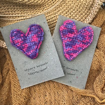 Heart brooches - crocheted and needle felted