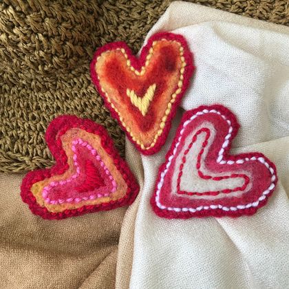 Heart brooches - crocheted and needle felted