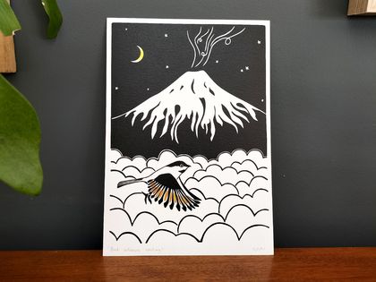 Black Volcanoes Smoking - digital print of an original lino print with bird.