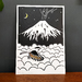 Black Volcanoes Smoking - digital print of an original lino print with bird.