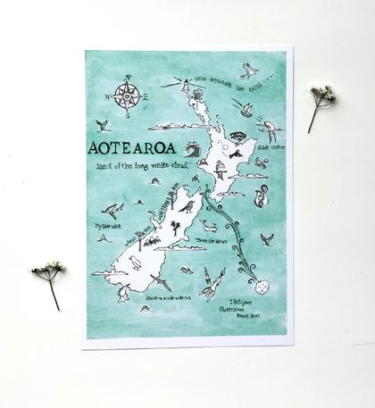 Aotearoa NZ wildlife illustrated map print