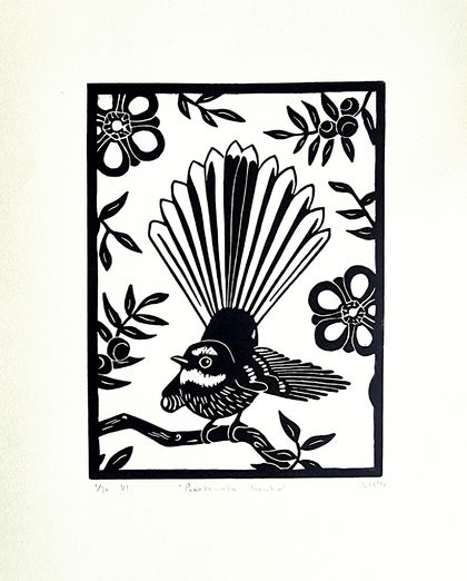 Piwakawaka Manuka - an original limited edition handcarved linocut  - featuring fantail and manuka