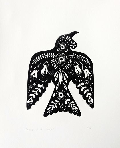 Echoes of the forest - an original handcarved lino print  - folk style