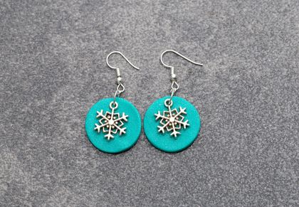 Turquoise Polymer Clay- Snowflake Hook Earrings