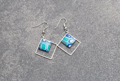 Blue Square Polymer Clay Hook Earrings