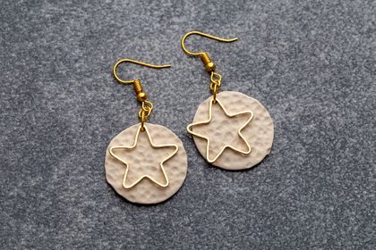 Golden Star On Cream-Colour Polymer Clay Hook Earrings
