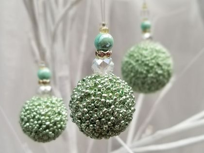 Frosty Green Beaded Christmas Decorations sold in a Set of 3, Miniature Christmas Ornaments, Glass and crystal Ornaments
