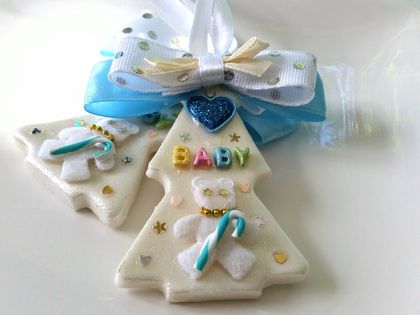 Christmas Ornament for Baby Boy, Baby Boy Tree Ornament with Teddy Bear, Hearts, Stars and Candy Cane