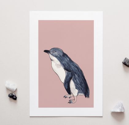 Little Blue Penguin on Pink – A4 Art Print