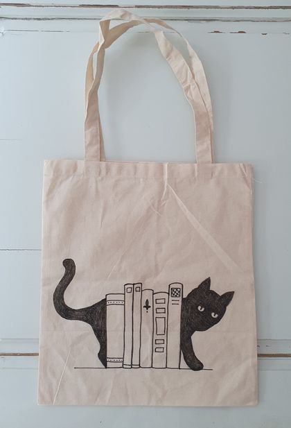 Hand drawn tote bag - cat and books