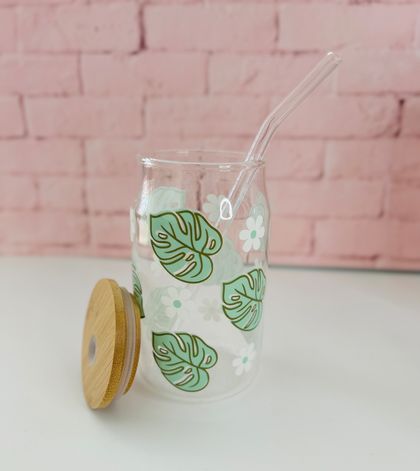 Libbey Glass, Beer Can Style Drinking Glass - Monstera Leaf 