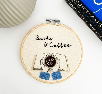 Books & Coffee Hand Embroidery Art