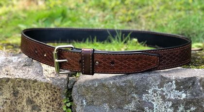 Hand Basket Stamped Brown Leather Belt 45mm Wide: Custom Length