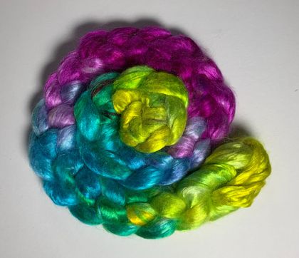 Hand-dyed Mulberry Silk Top / Fibre, Gradient Dyed Magenta, Blue, Green and Yellow, 25g, SKU E5