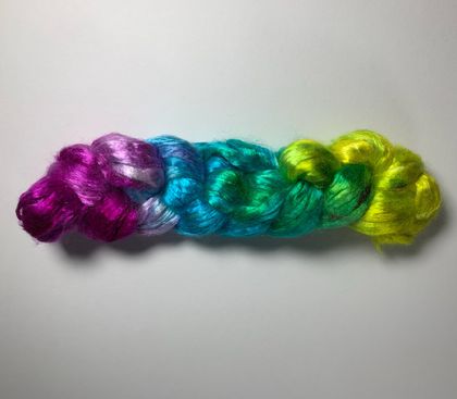 Hand-dyed Mulberry Silk Top / Fibre, Gradient Dyed Magenta, Turquoise, Green and Yellow, 22g, SKU E10