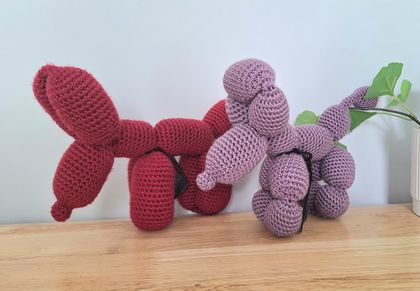 Crochet Soft Toy Ballon Dogs 1x Dusky Purple, 1x Crimson Red, price per each