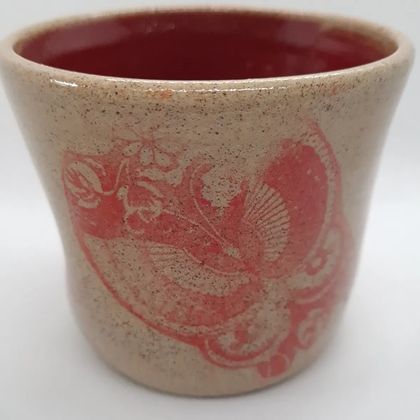 Red butterfly thumb pottery mug