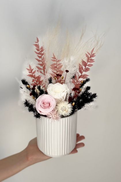 Dried / Preserved Flower Arrangement - Pink & White Roses