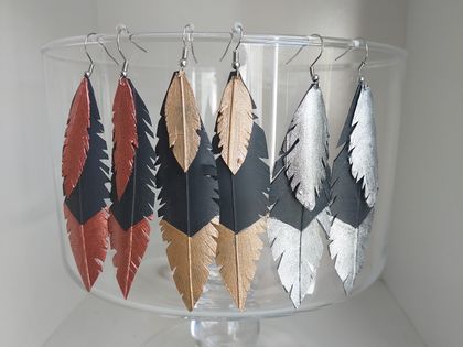 Double feather, Upcycled inner tube earrings - metallic Gold, Silver. Bronze
