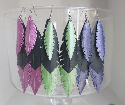 Double feather, Upcycled inner tube earrings - metallic Blue, Green, Pink