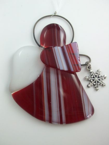 Red Angel Christmas tree decoration  with charm - fused glass