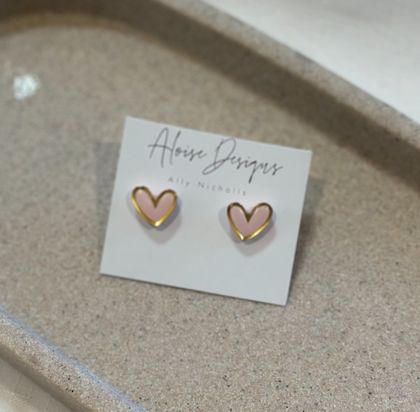 Pale Pink Heart Studs, Gold