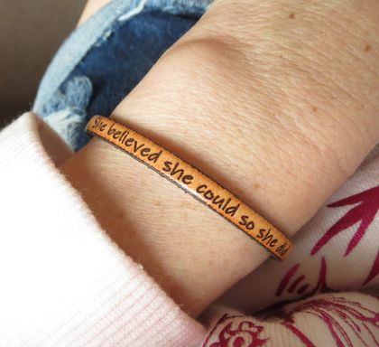 She believed she could so she did - Vintage Tan Leather Mantra Bracelet