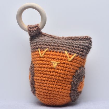 Handmade Crochet Rattling owl with birch ring