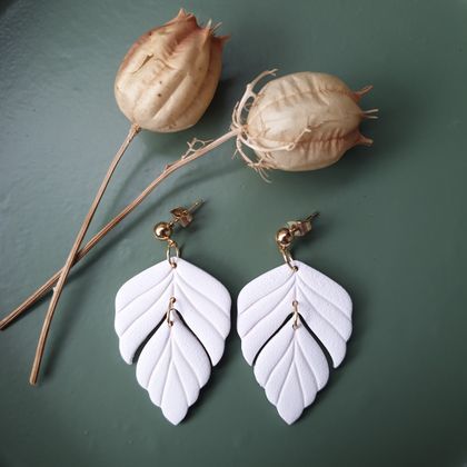 White Textured Foliage Dangling Earrings