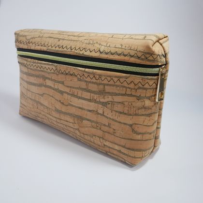 Boxy, zippered cork pouch  -  wood  grain