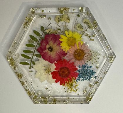 Floral Resin Art Coaster -  Hexagon - Gold Flake