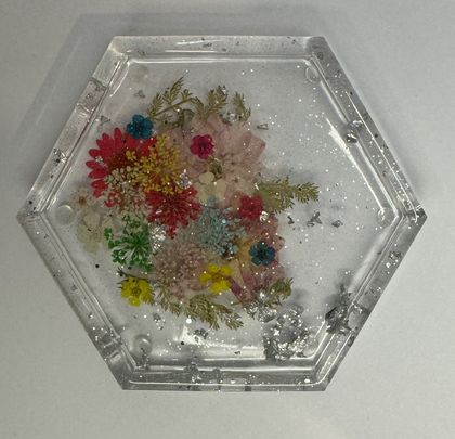 Floral Resin Art Coaster -  Hexagon - Sliver Flake