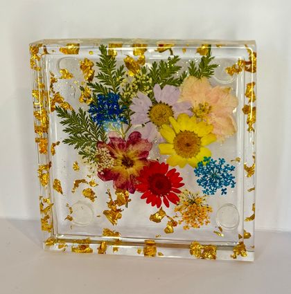 Floral Resin Art Coaster -  Square - Gold Flake