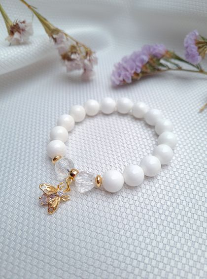 Natural Gemstone White Coral Bracelet with 24k Gold-Plated Crystal Pendant