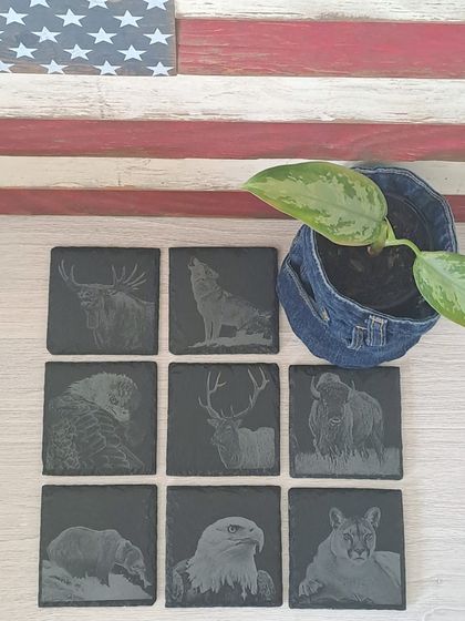 Square Slate Coasters with Animal Engraving - Set of Six
