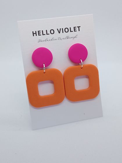 Square Colour Block Earrings in Orange and Fuchsia 