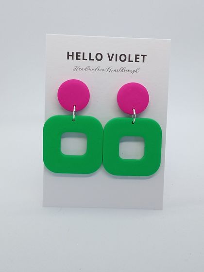 Square Colour Block Earrings in Green and Fuchsia 