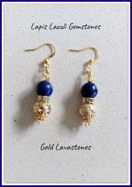 LAPIS LAZULI DROP EARRINGS -  Lapis Lazuli & Gold Lavastones Gemstones (matching Bracelet listed separately) 