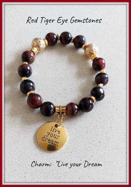RED TIGER'S EYE BRACELET - Natural Red Tiger's Eye Gemstones/Gold Lavastones  (matching earrings listed separately)
