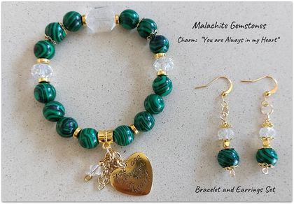 MALACHITE BRACELET & EARRINGS SET - Natural Malachite Gemstones with Crystals & Gold beads  