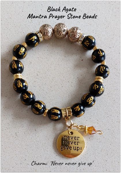 BLACK AGATES MANTRA PRAYER STONE BRACELET - Gold findings (matches earrings listed separately)