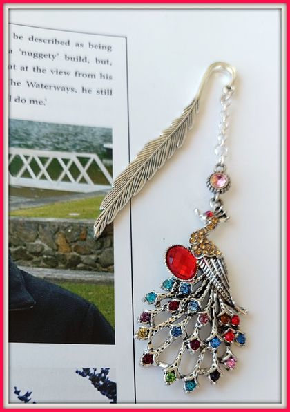 BOOKMARK - Red/Multicoloured Jewelled Peacock.